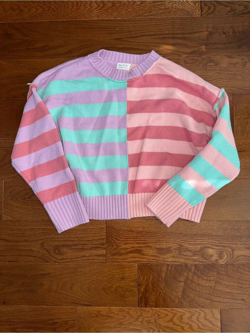 Pastel Striped Cropped Crewneck Sweater - Pink & Mint